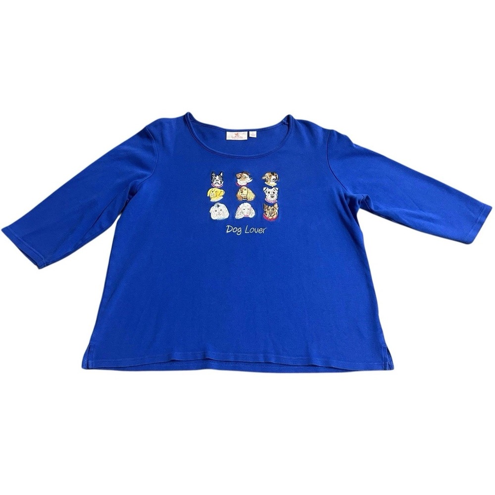 Quacker Factory Dog Lover Blue Top Embroidered 3/4 Sleeve‎ Large QVC Embellished